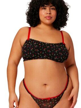 Women's Parade Mesh Cherry Print Bralette and Thong Set Size XL